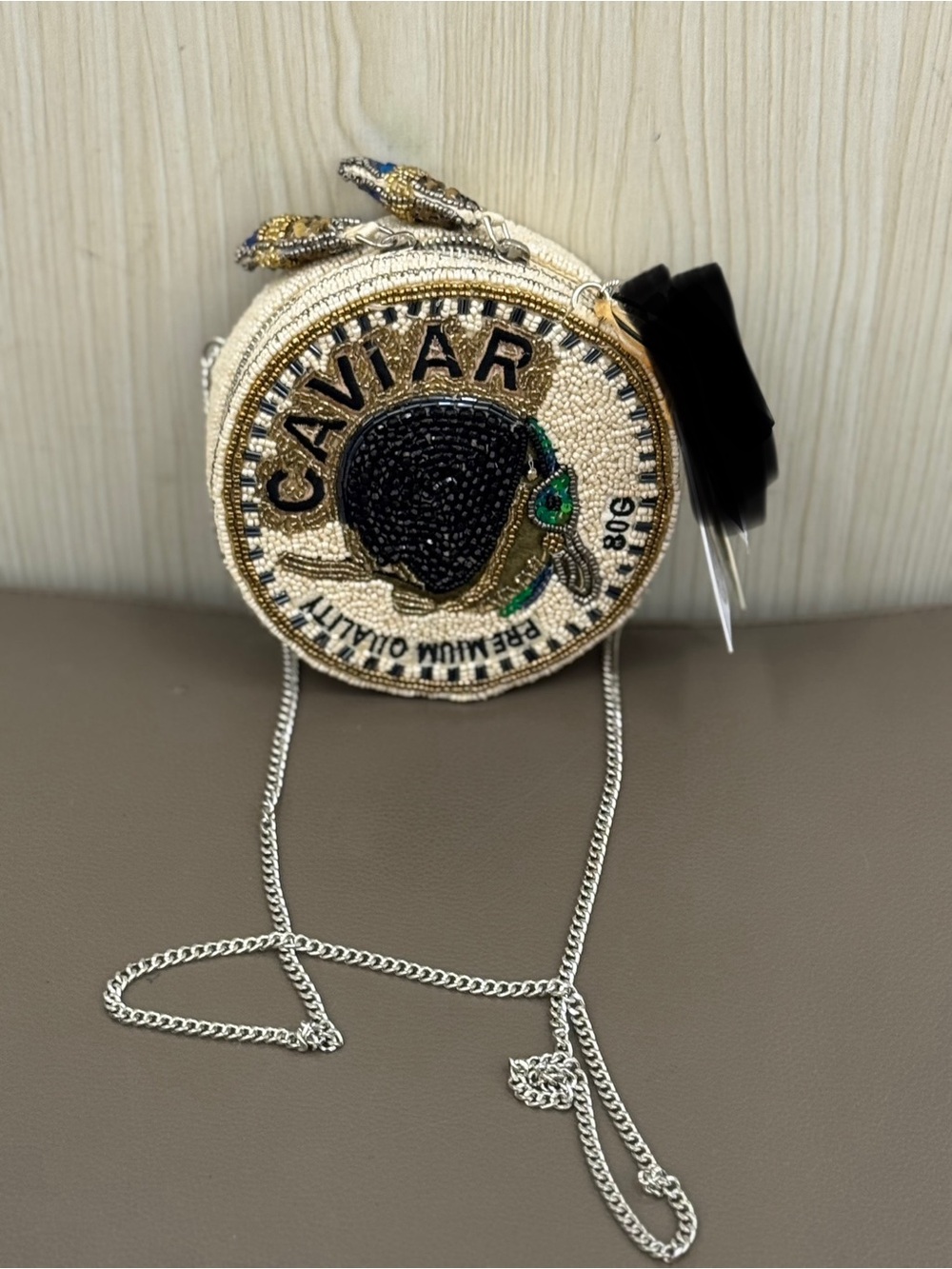 Caviar Beaded Round Crossbody Bag - Cream & Black